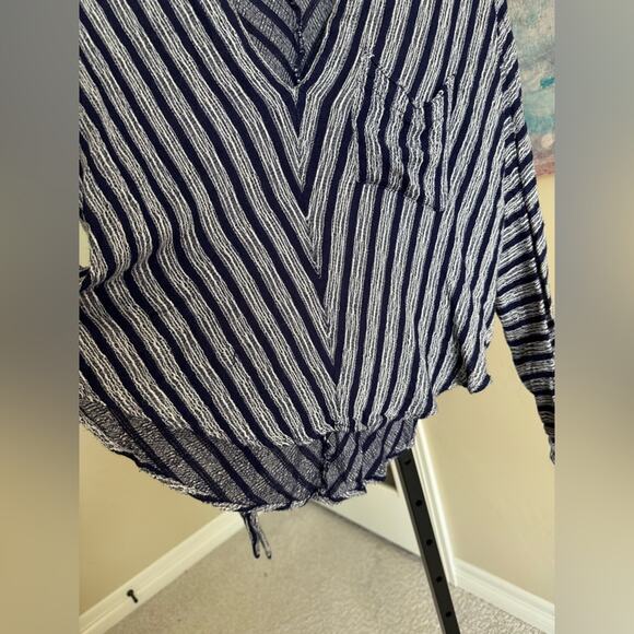 Free People Morning Stripe Dolman Tie Sleeve Top Navy White XS Boho Pocket - Picture 5 of 6
